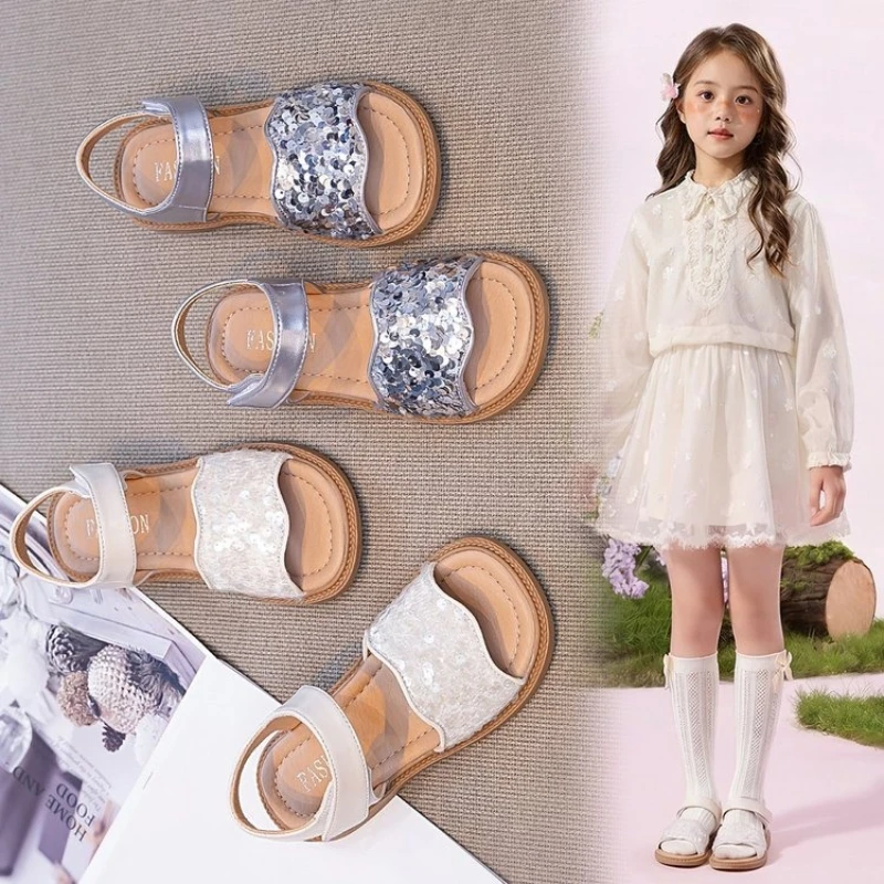 

New Kids Summer Flat Sandals Princess Perform Little Girls Open-toe Sandals Fashion Sequins School Beach Children Non-slip Shoes