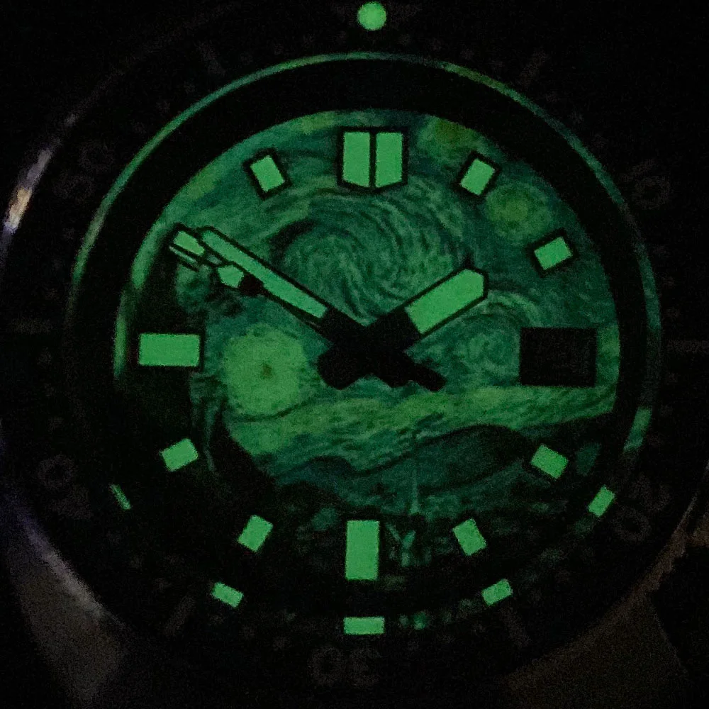 Tandorio Diver Retro, pintura al óleo de 44mm, esfera luminosa verde cielo estrellado, cristal de zafiro, 200m, impermeable, NH35A, relojes automáticos