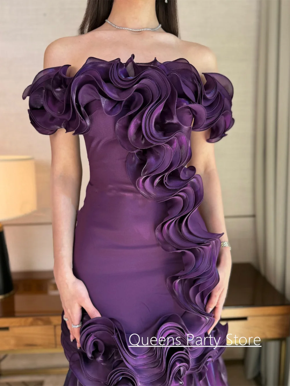 Arabic Evening Dress Mermaid Customized Off The Shoulder Boat Neck Ruffles Organza Formal Dresses Satin Saudi Prom Gowns