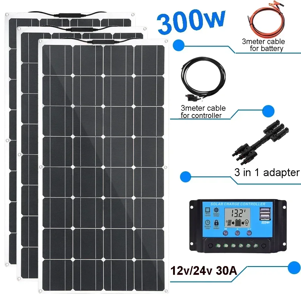 High Efficiency Flexible Solar Panel Kit, 300W, 200W, 100W, 12V, 24V, Car, RV, Caravan, Battery Charger Module