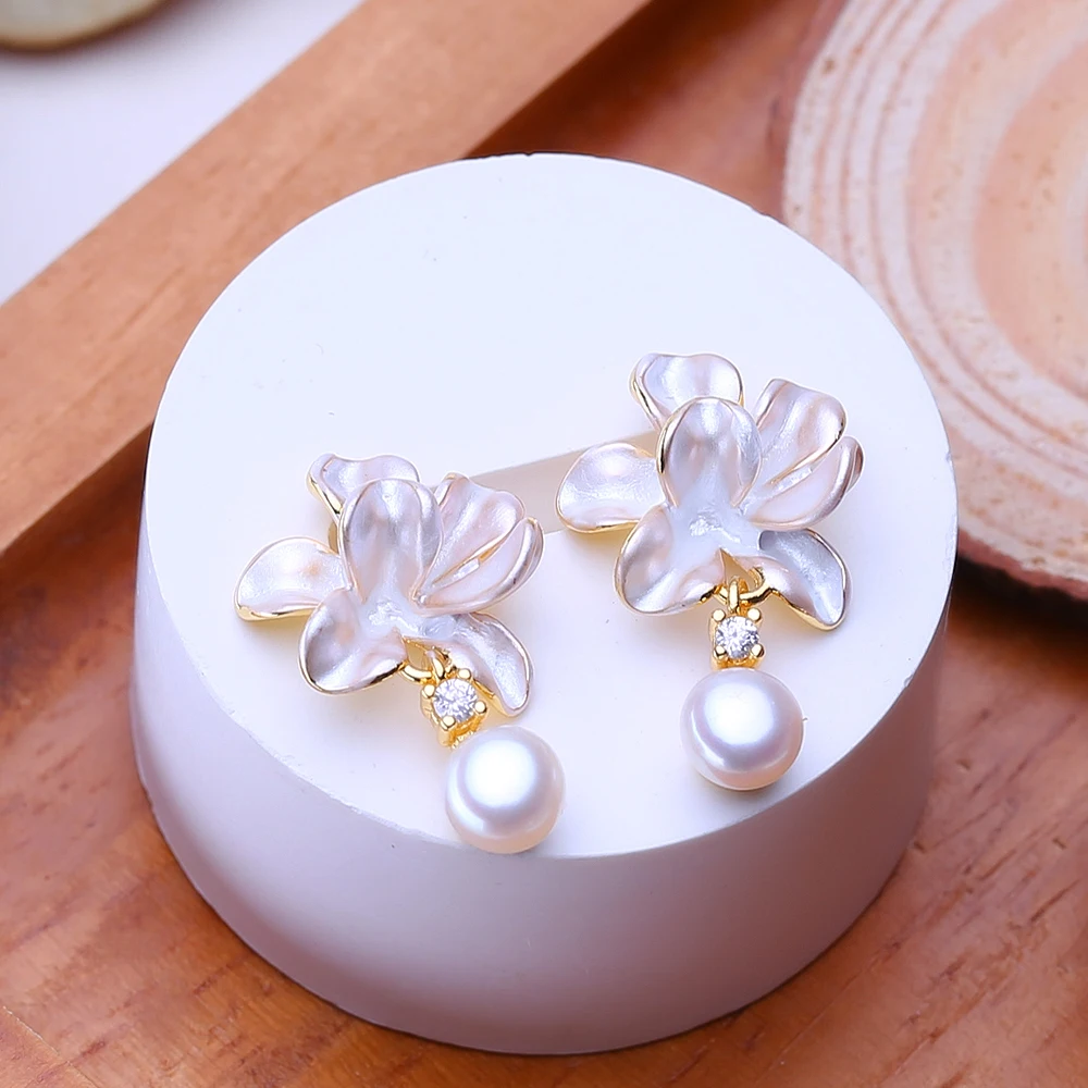 FENASY Freshwater Pearl 925 Sterling Silver Blue Flower Stud Earrings Wedding Jewelry Birthday Anniversary Gifts For Women