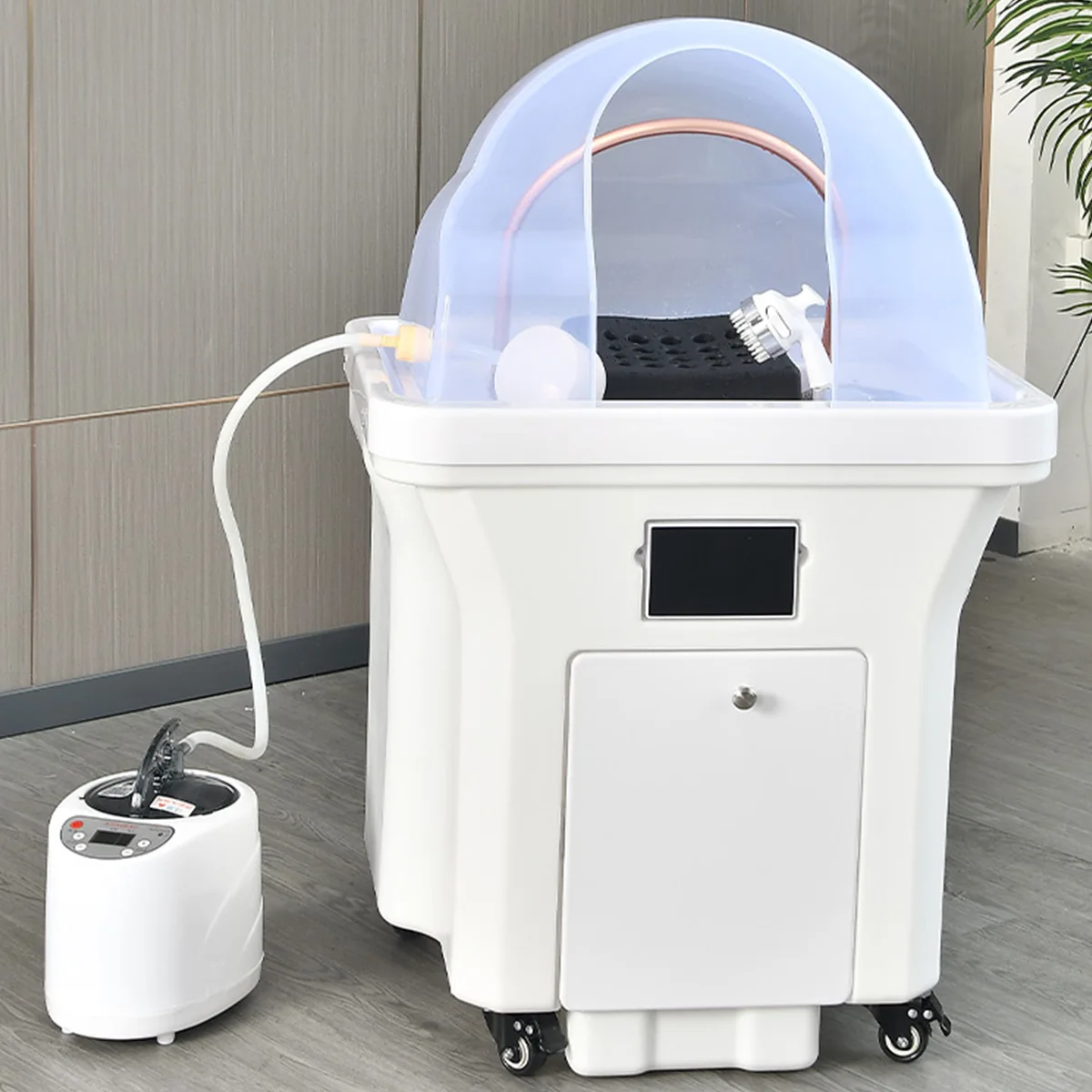 Water storage tank head therapy device, plug-and-play installation, movable shampoo basin, constant temperature wate