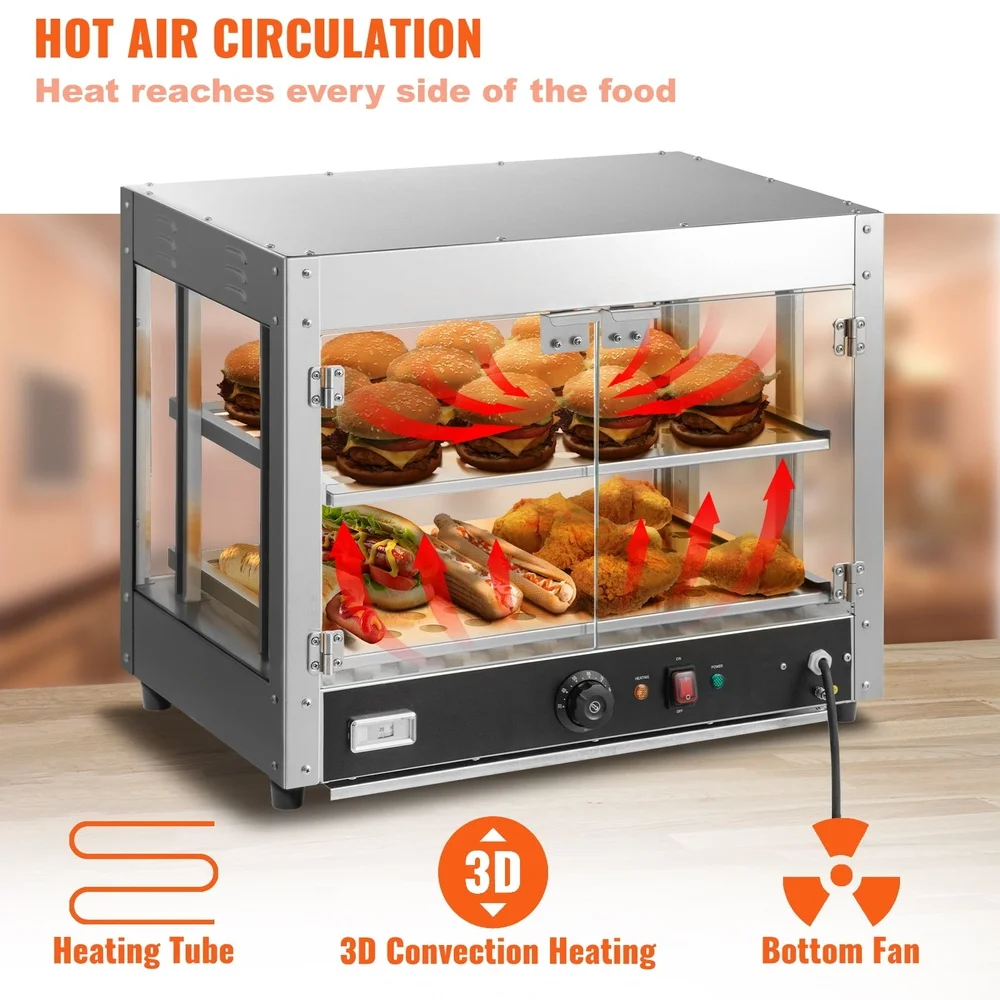 2-Tier Commercial Food Warmer Display Stainless Steel Pizza Cabinet with Water Tray Temperature Control LED Lighting Canteens