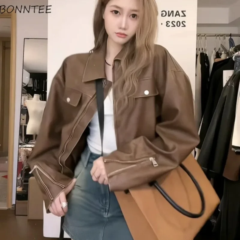 

Куртки из искусственной кожи, женские дизайнерские куртки на молнии, милые, крутые, для девочек, универсальные, праздничные, индивидуальные, корейская, модная, осенняя верхняя одежда, модная