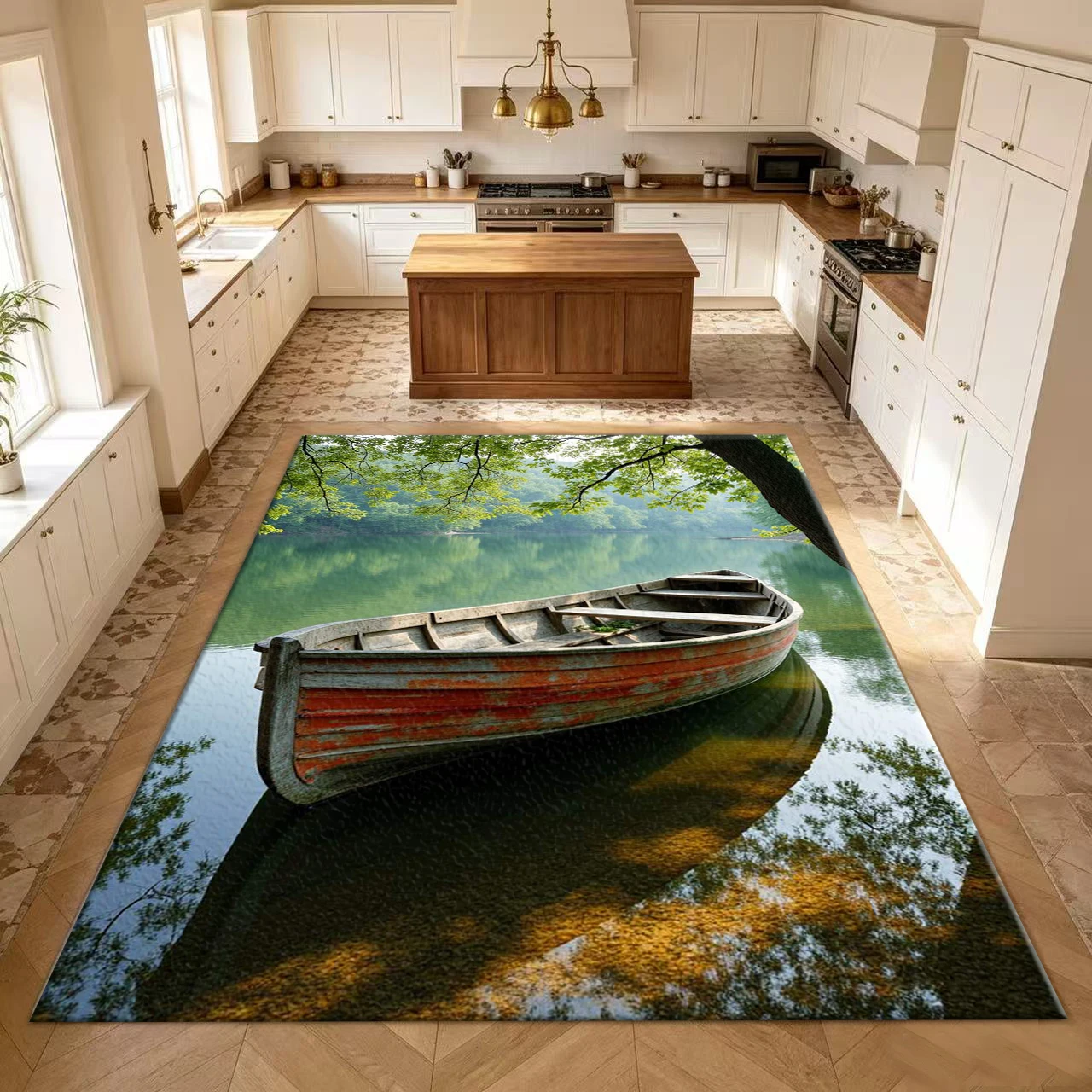 Vintage Wooden Boat On Green Lake Carpet Flooring Nature Scenery Print Area Rug Home Floor Mat for Living Room Bedroom