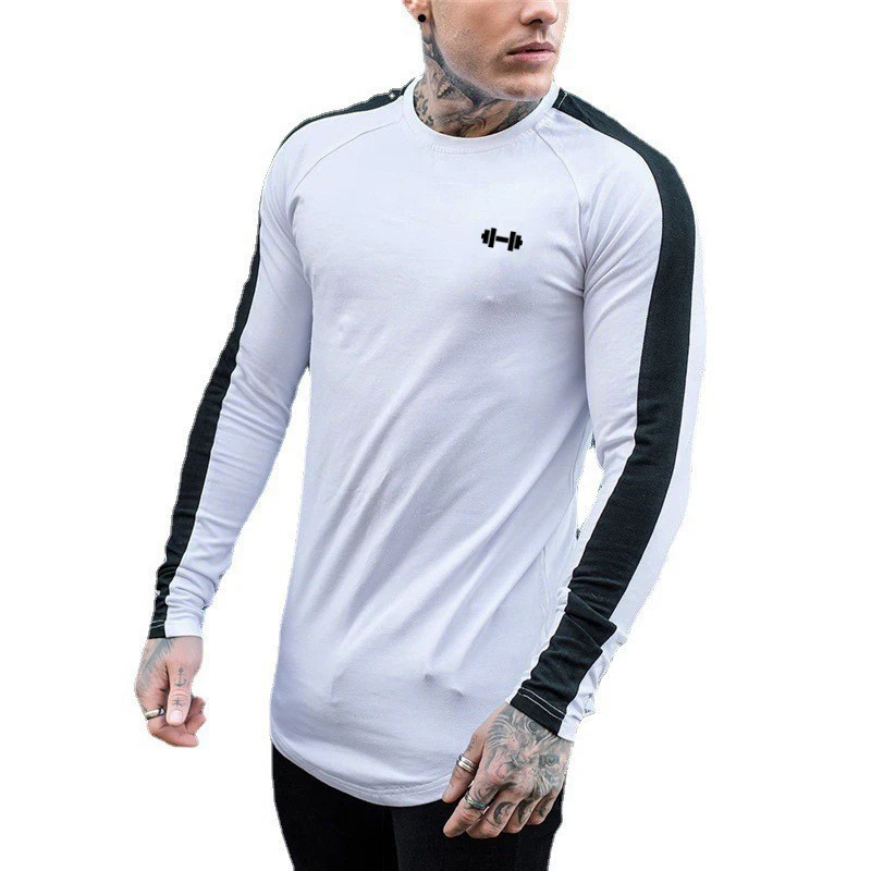 High Quality Cotton Patchwork Workout Shirt Men's Slim Fit Long Sleevess Sport T-shirt Gym Bodybuilding Fitness Running Clothing