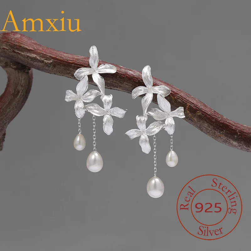 Amxiu Sterling Silver 925 Original Knot Pure Silver Elegant Lilac Flower Pearl Earrings Light Luxury  Romantic Niche Design