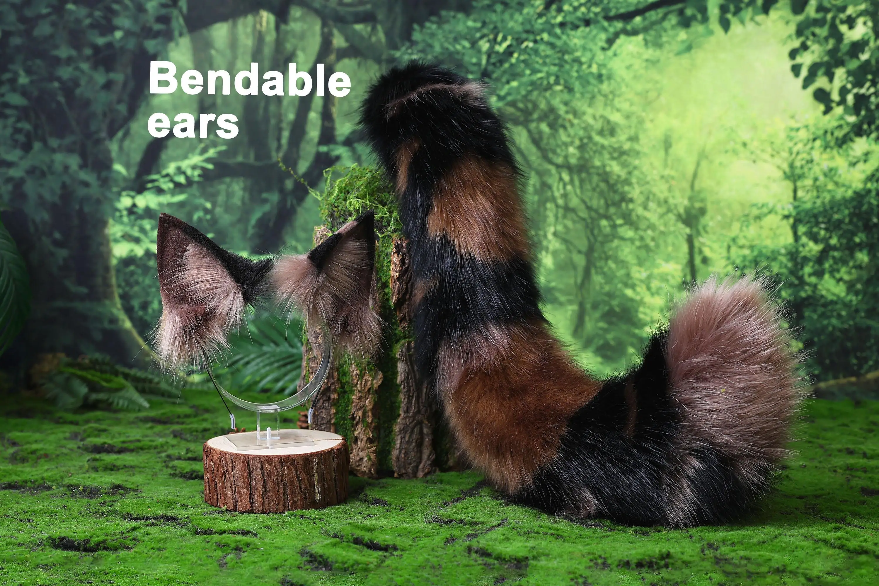 Faux fur tortoiseshell cat tail and ear tortie cat therian kitten kemonomimi anime cosplay fox ear and tail wolf ears tail