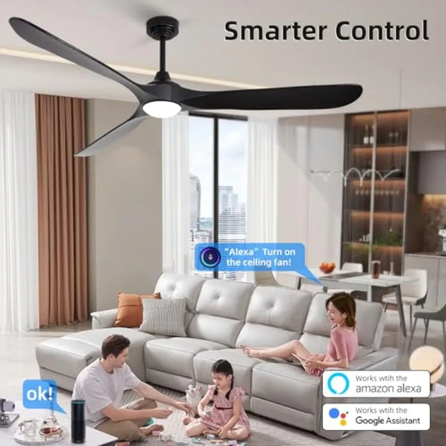 Patio porch ceiling fan with lights: 72'' solid wood, black, quiet reversible DC motor, WiFi/Alexa app control, 3CCT dimmable,