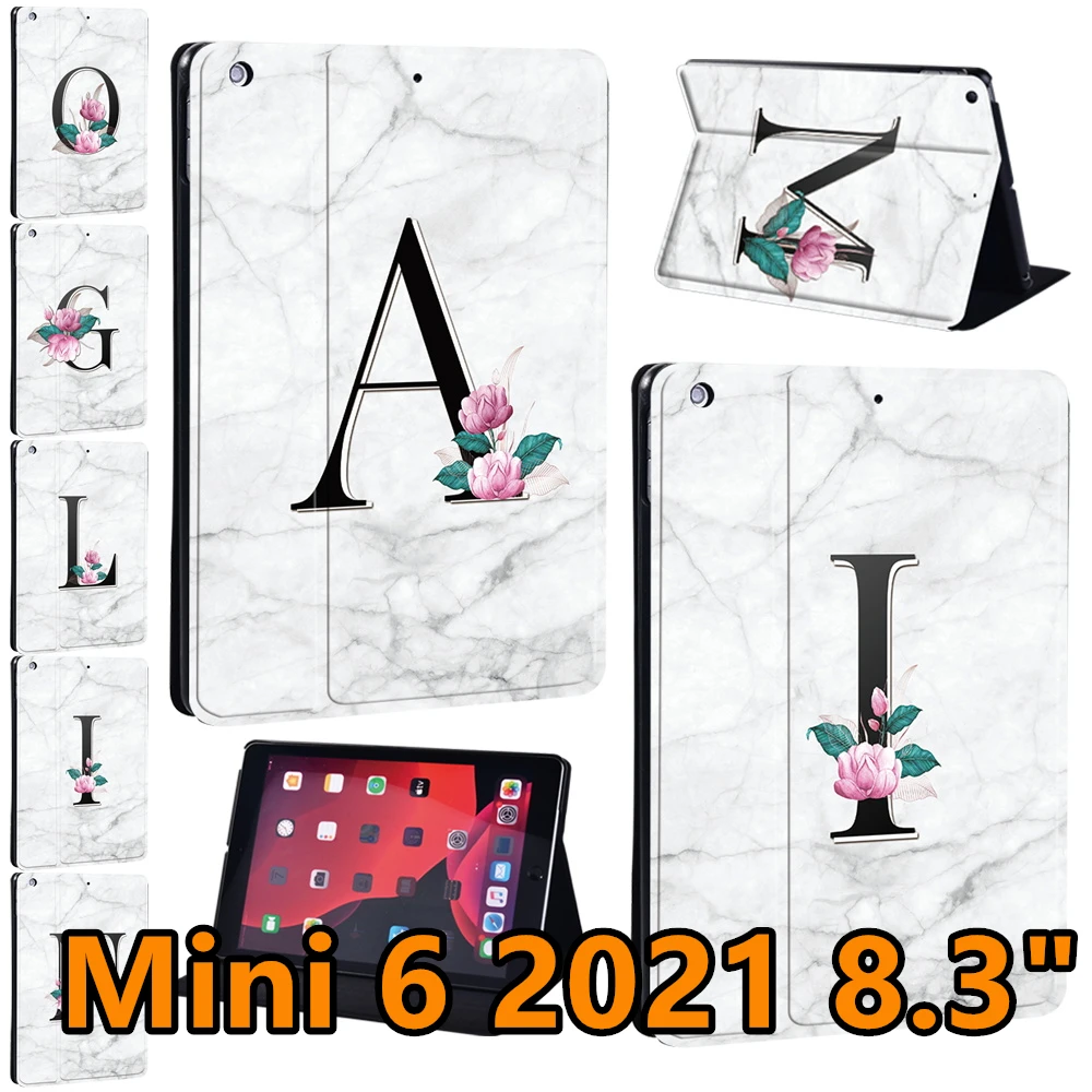 Tablet Stand Cover Case for IPad Mini 6 8.3inch 2021 A2567/A2568/A2569 PU Leather White Marble Print Pattern Protective Covers