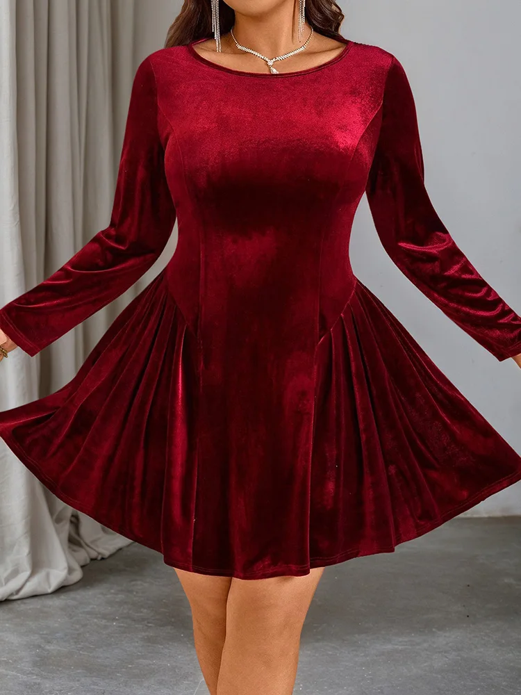 GIBSIE Plus Size Solid Color Elegant Velvet Dress Women Autumn and Winter Round Neck Long Sleeved Party Short A-line Dresses