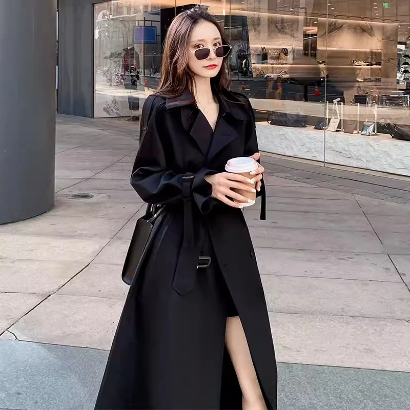 Black Trench Coat for Women 2024 Spring and Autumn New Item Small Stature British Style Medium Length Korean Style Slimming Coat