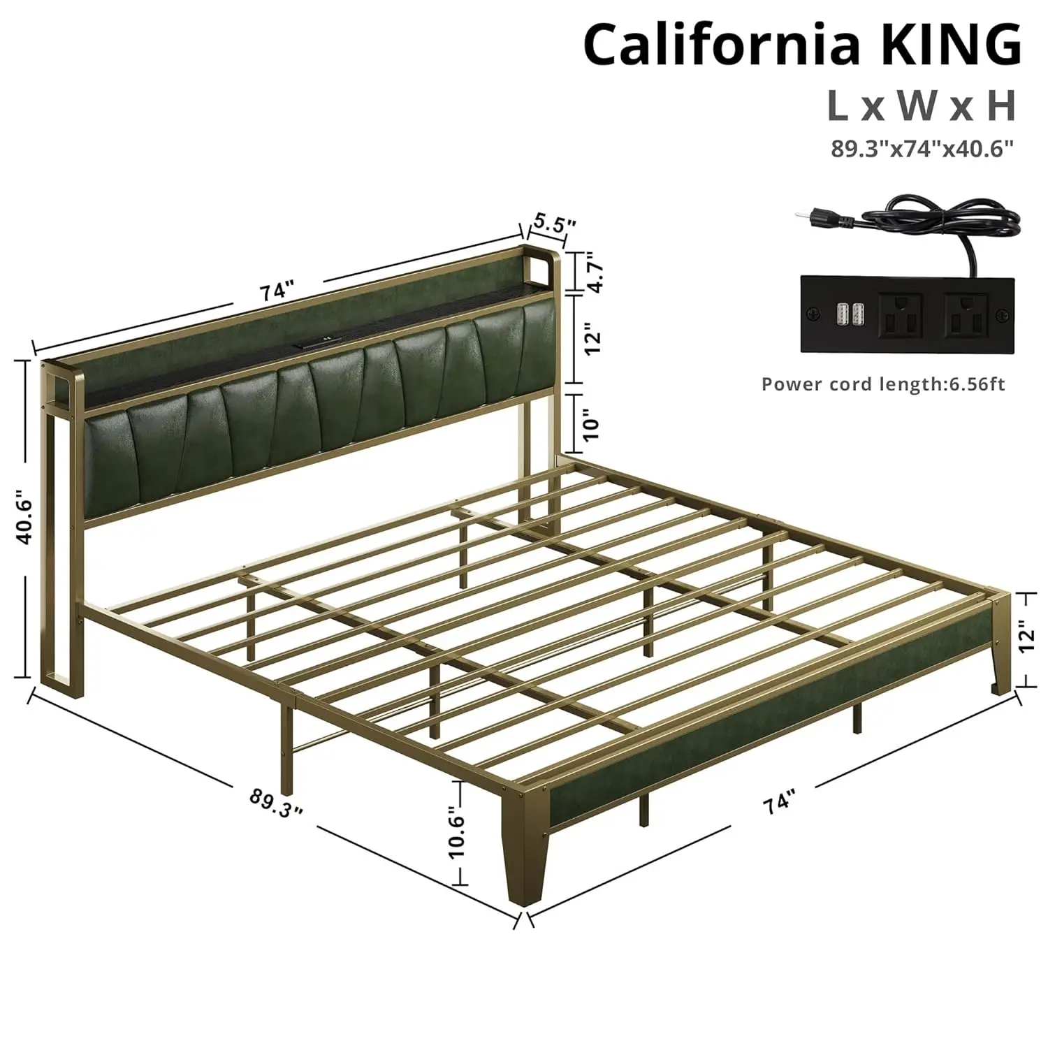 California King Storage Bed Frame with Charging Station, Noise-Free, Easy Assembly, Dark Green, Customized - view 3