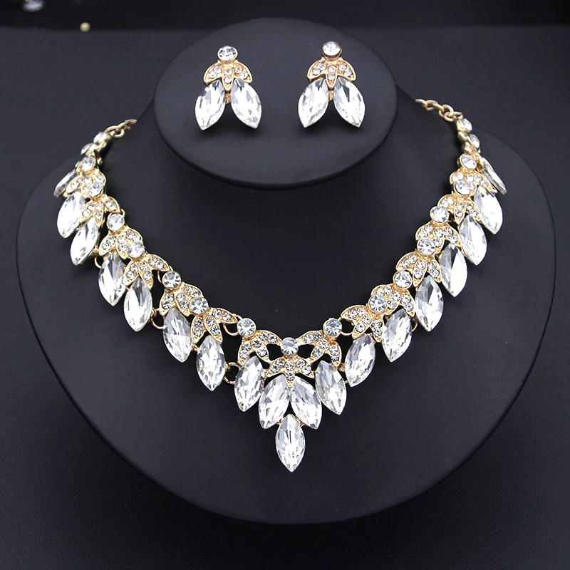 Luxury Crystal Choker Necklace Earrings Set Rhinestone Bridal Jewelry Sets Women Bride Wedding Party Costume Accessories