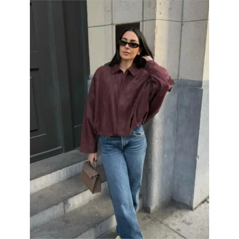 Vintage Faux Suede Short Jackets For Women Zipper Fashion Loose Bomber Jacket Coat Autumn Winter 2025 New Chic Casual Outerwears