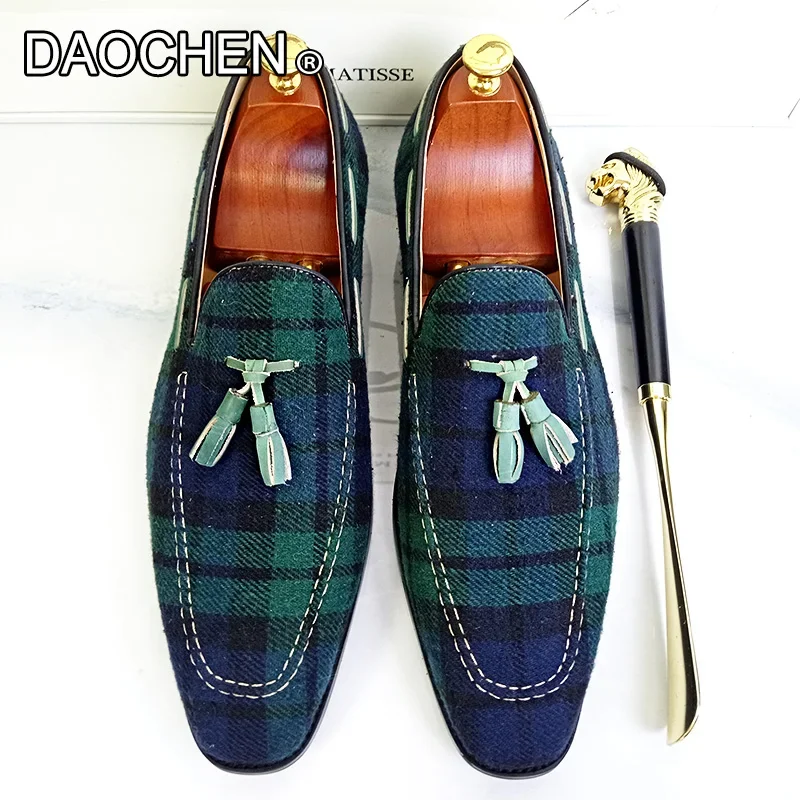 LUXURY BRAND MEN\'S LOAFERS SHOES GREEN BLACK GINGHAM TASSEL SUEDE CASUAL DRESS MAN SHOES GENUINE LEATHER LOAFERS FOR MEN