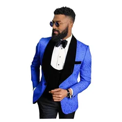 Classic Royal Blue Floral Slim Fit Custom Made Mens Suits 2024 Wedding Suits For Groom Tuxedos 3 Pieces Groomsmen Suits Best Man