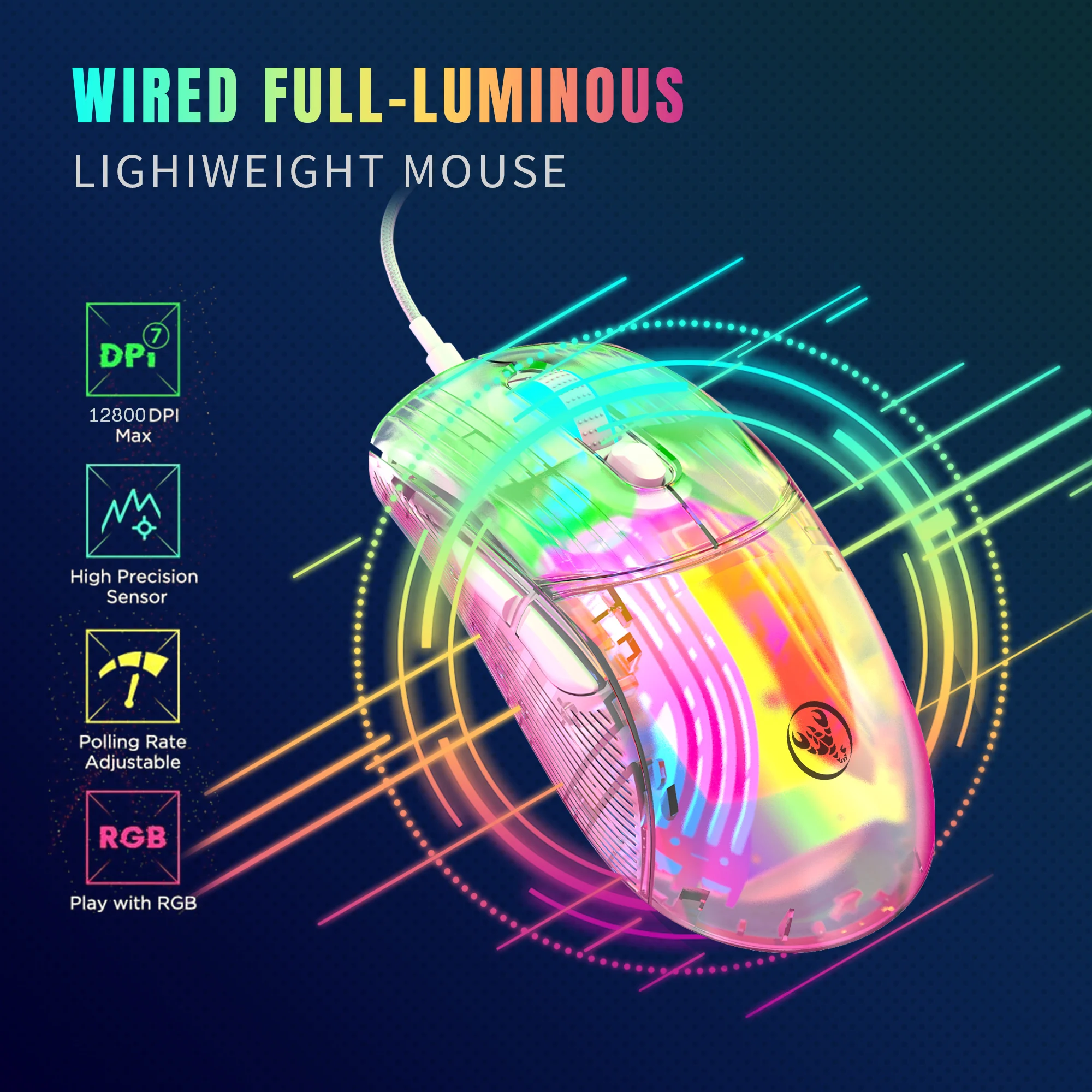 

Wired Gaming Mouse with 12800 DPI Semi-Transparent Casing 7 Programmable Buttons and RGB Lighting