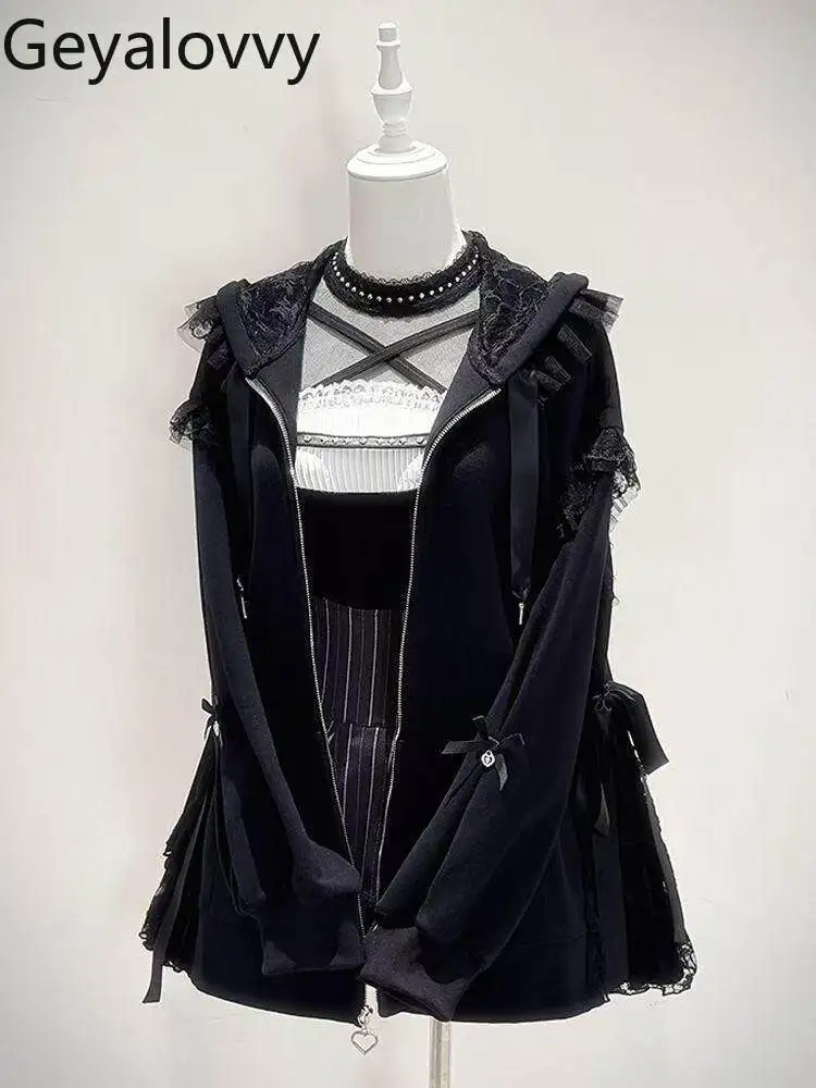 

Весенне-осенние женские куртки в японском субкультурном панк-стиле с завязками, бантом, кружевом, капюшоном и длинными рукавами, кардиган-пальто