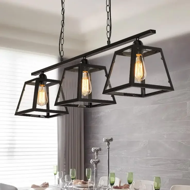 

Creative LOFT Glass Box Pendant lamp Simple Restaurant Rectangular Chandelier Iron Art Lounge Cafe Personalized Lighting