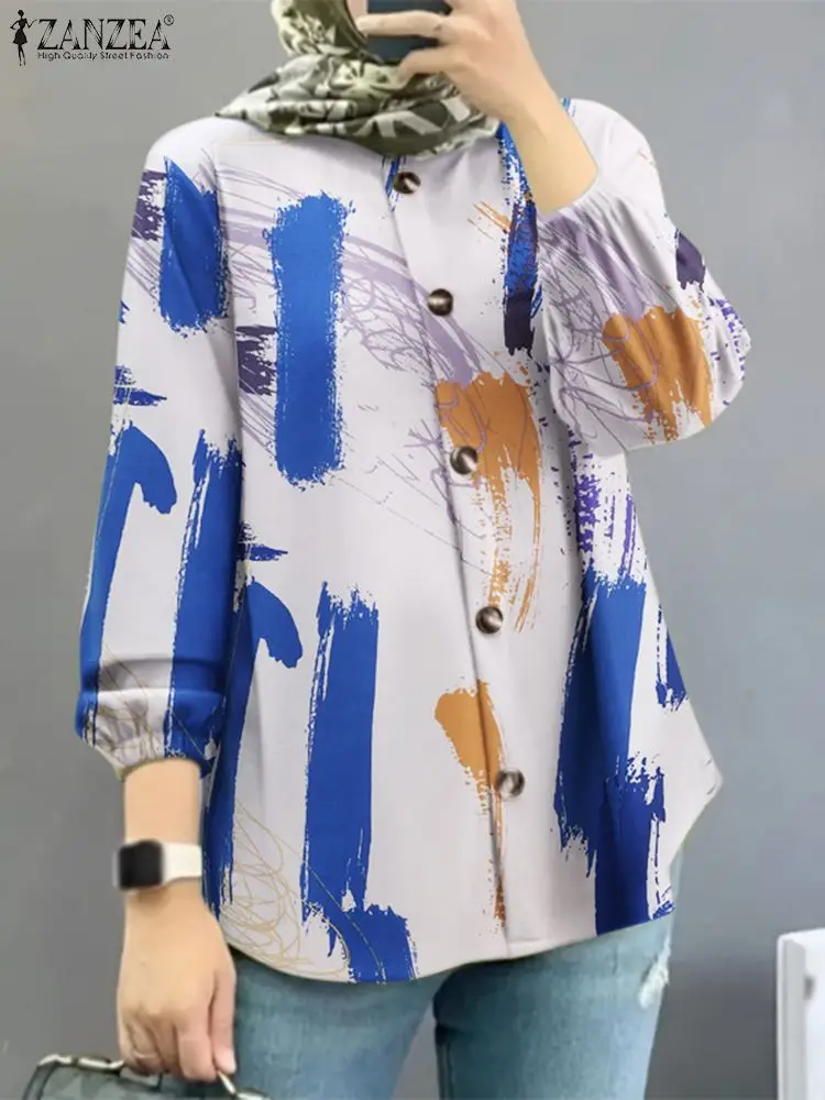 

ZANZEA Fashion Women Autumn Long Sleeve Printed Shirt Islamic Clothing Tops Abaya Blusas Casual Loose Work Muslim Blouse 2023