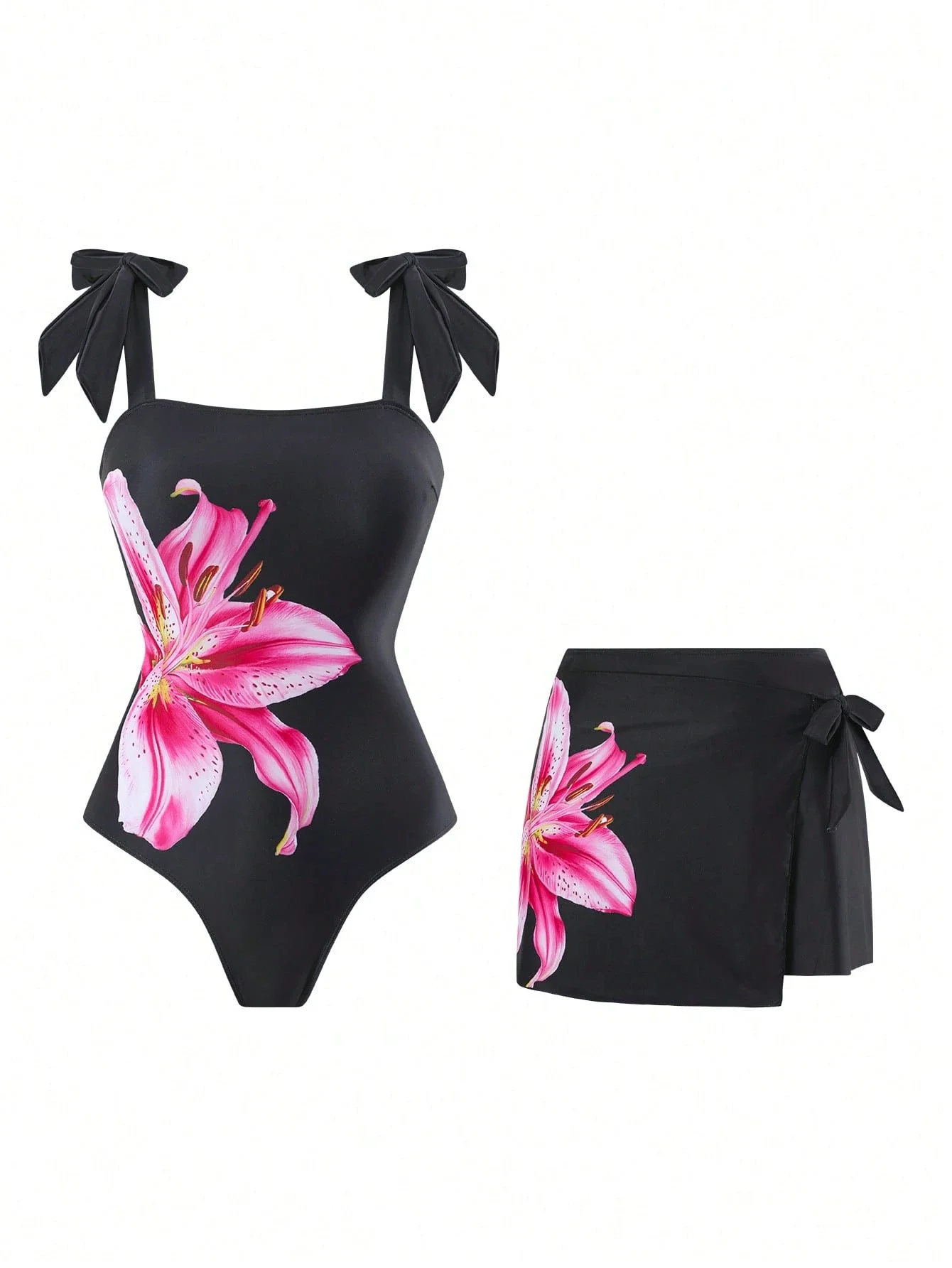 

Черный асимметричный купальник с цветочным принтом и бантом для женщин