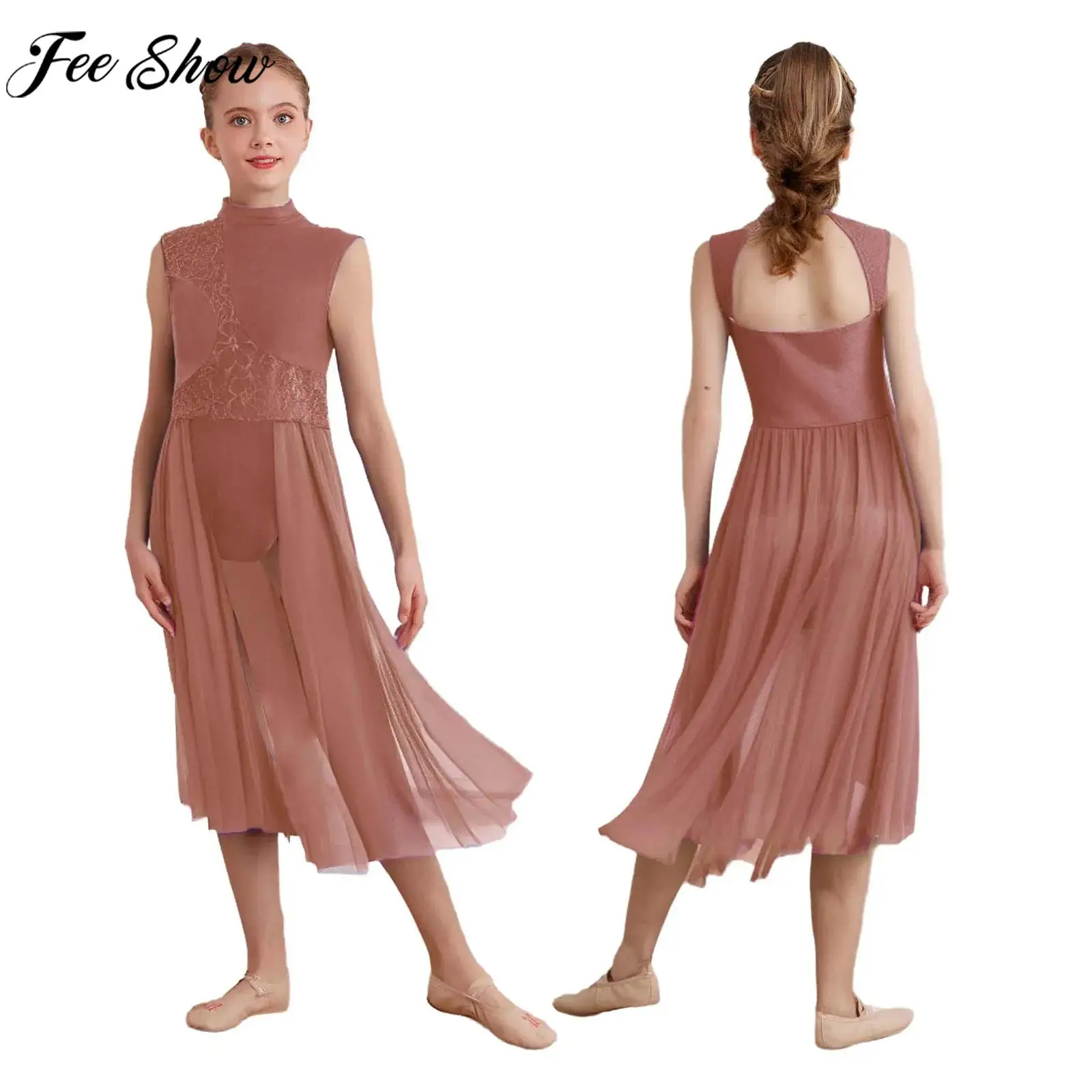 أطفال بنات الأزهار الدانتيل الحديثة فستان رقص غنائي بلا أكمام وهمية الرقبة بقماش شفاف يوتار فساتين الشكل التزلج زي الباليه