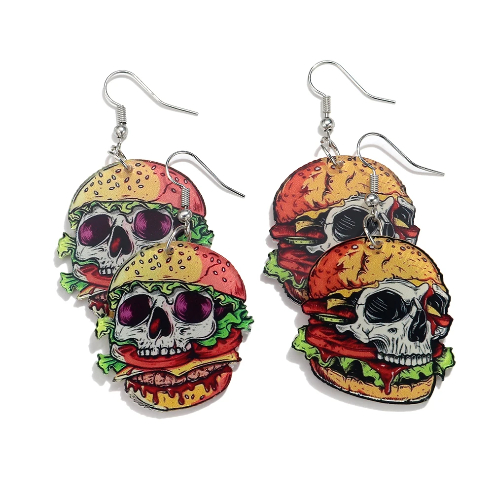 Creative Acrylic Skull Hamburger Dangle Earrings for Women Scary 2D Flat Halloween Earrings Party Jewelry Gifts