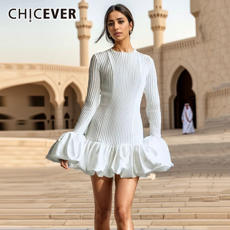 

CHICEVER Solid Knitted Short Dresses For Women O Neck Spliced Ruffle Long Sleeve High Waist Asymmetrical Hem Dress Female Spring