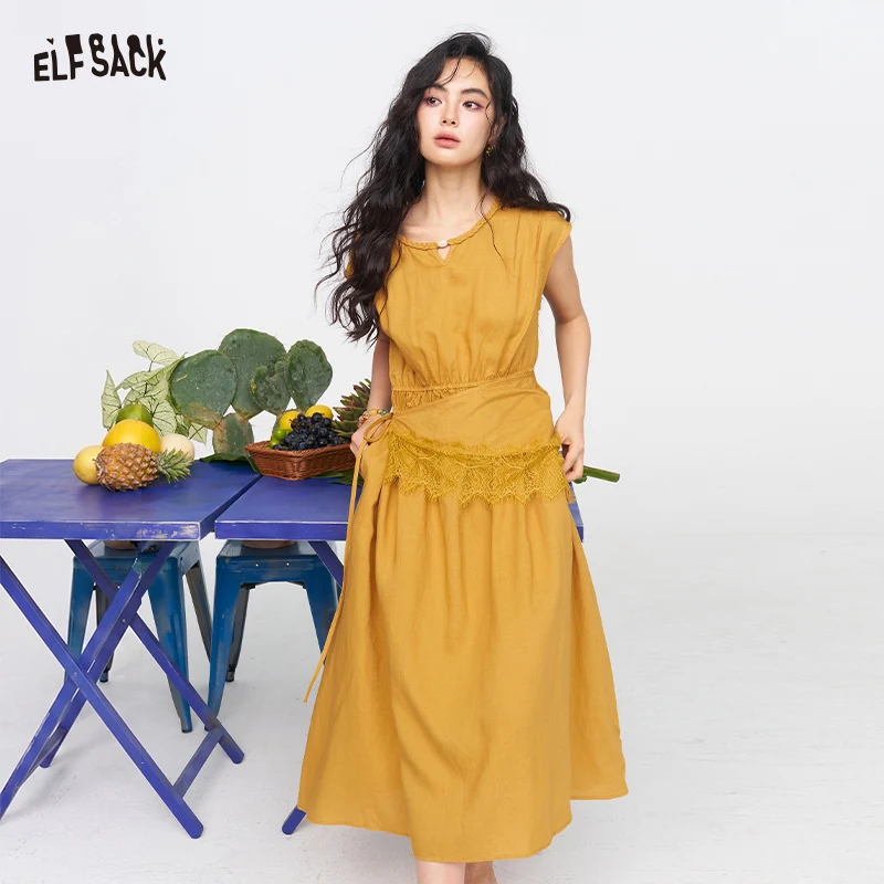 

ELFSACK V Neck Sleeveless Midi Dress, Eyelet Elastic Waist Split Hem Dress, Summer Casual Vacation Outfit for Women