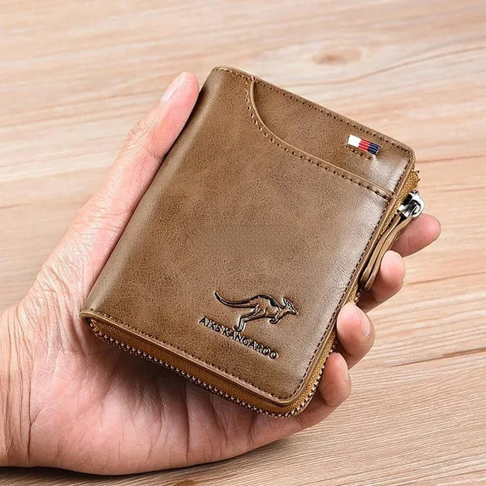 Kangaroo Wallet Men's RFID Blocking PU Leather Wallet with Zipper Multi Business Credit Card Holder Purse High Quality