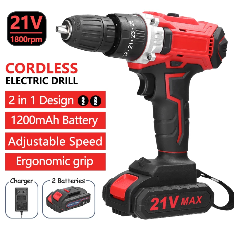 21V Cordless Electric Drill 3 in 1 2 Speeds Control Stepless Speed Regulation Adjustment 25 Gears Drill Screwdriver LED Light