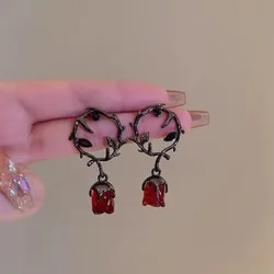 Gothic Dark Thorn Vine Red Rose Blossom Earrings for Women Female New Fashion Punk Jewelry Party Accessories Birthday Gifts