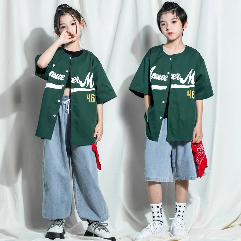 

Kid Kpop Hip Hop Clothing Green Cardigan Shirt Denim Blue Casual Jeans Jogger Pants for Girl Boy Street Dance Costumes Clothes