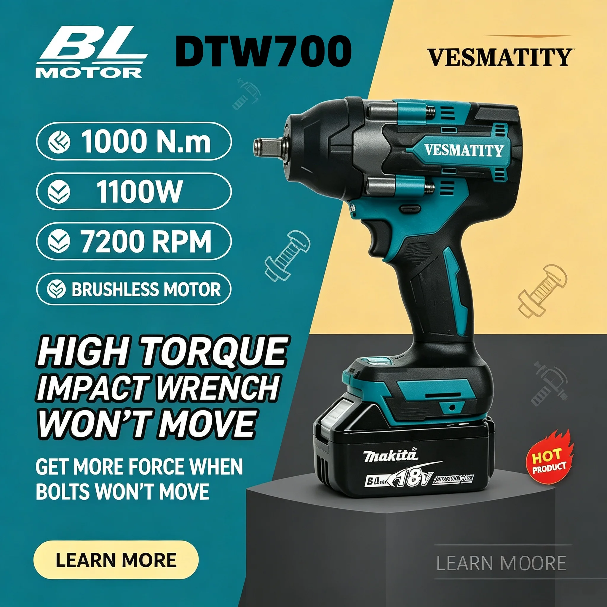 DTW700 VESMATITY Cordless Impact Wrench 700N.m 1000N.m Nut Busting 1/2 Inch Drive 4 Speeds Brushless for 18V-20V Battery