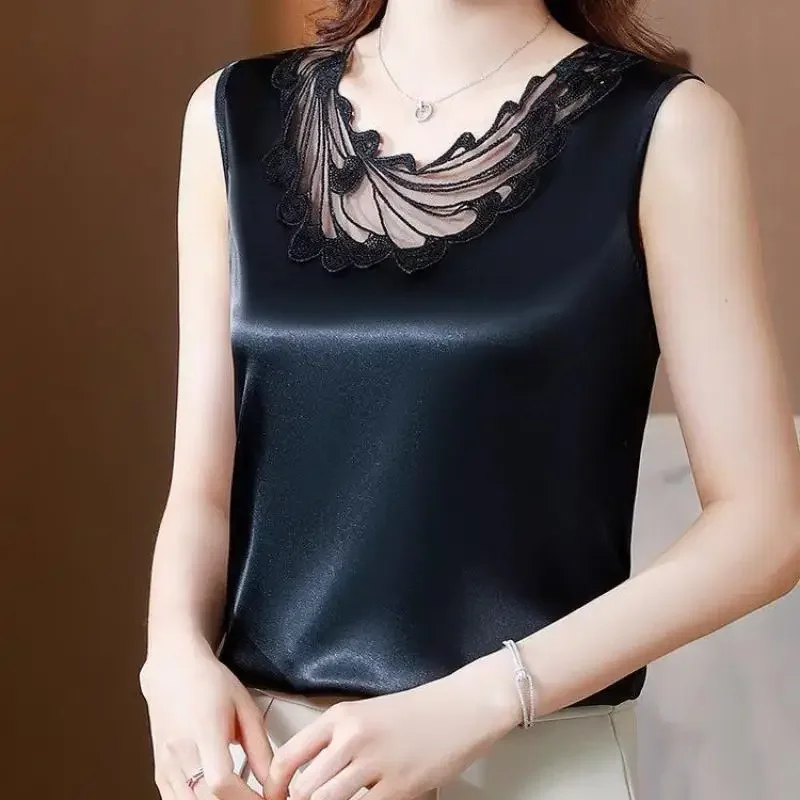 NEW V-Neck Lace Camisole Women\'s Interior Design Sense Temperament Acetic Acid Satin T-Shirt Sleeveless Bottoming Shirt Top