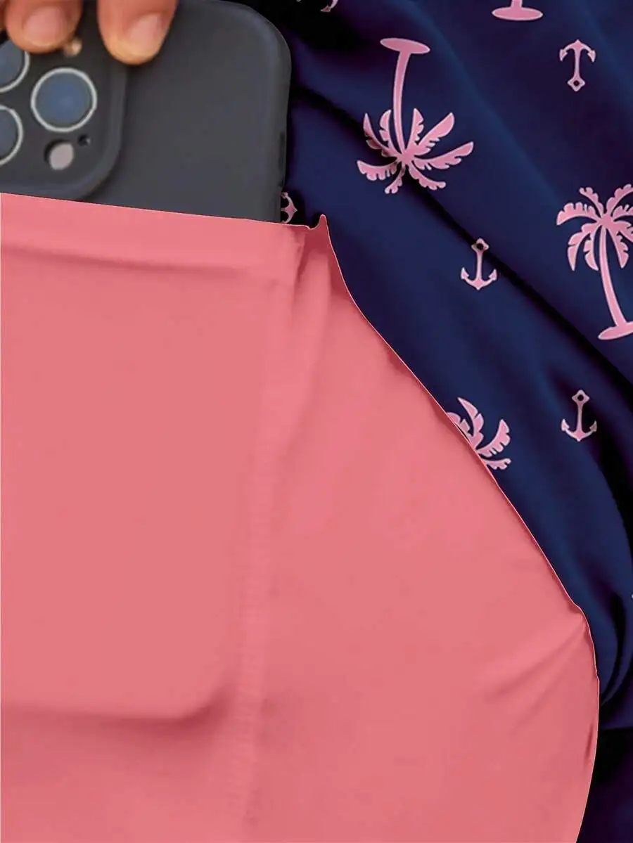 

Mens Pink Palm Tree Anchor 2-In-1 Swim Trunks With Compression Liner Quick Dry Beach Shorts