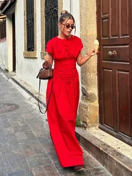 2024 Women's Elegant Red O-neck Pleated Maxi Dress Fashion Short Sleeves High Waisted Vestido Chic Lady Casual Holiday Robes