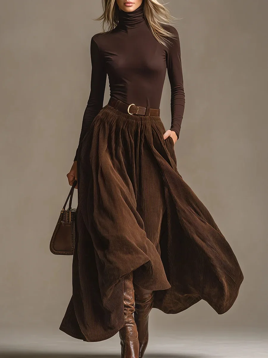 Retro Long Sleeve Corduroy Long Skirt Suit Women Elegant Pocket Solid 2Pc Set Fashion Turtleneck Long Sleeve Top + Skirt Outfits
