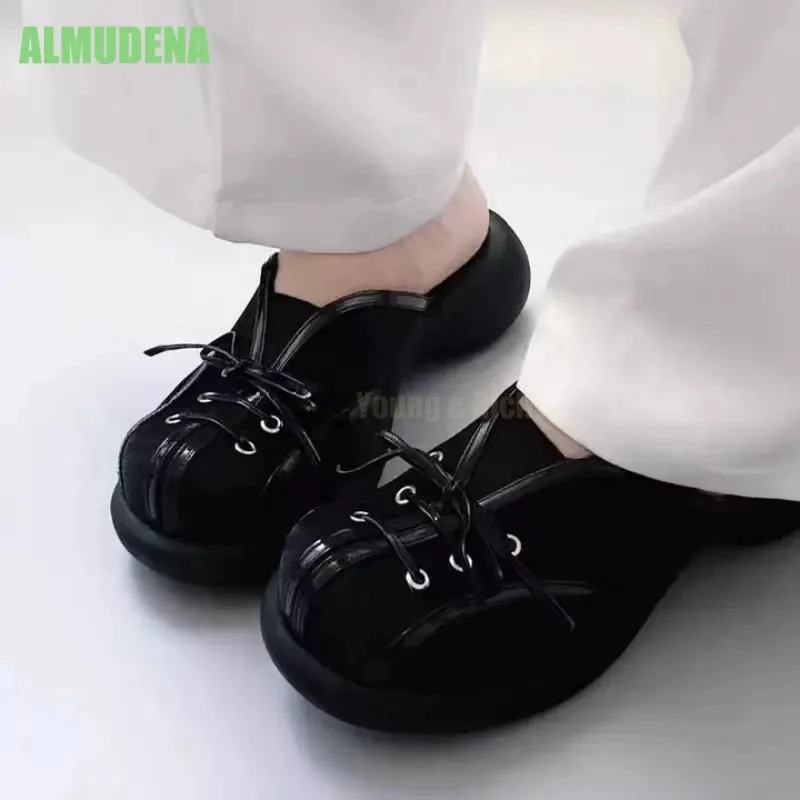 Ladies Slip On Backless Mule Sneakers Slipper Shimmer Leather Front Lace Tie Metal Eyelet Rounded Toe Outdoor Street Flat Shoes