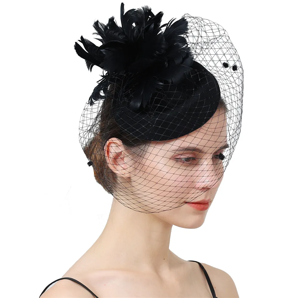 

Women Black Fascinator Veils Hat With Clip Phillbox Feather Hair Clip Cocktail Tea Party Hair Accessories Ladies Net Headwear