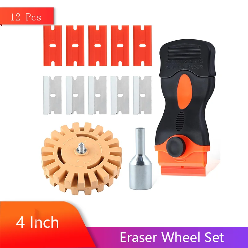 

12 Pcs 4 Inch Eraser Wheel Set with Eraser Razor Blade Scraper for Removing Decals Stickers Glue Labels Paint Tint from Windows