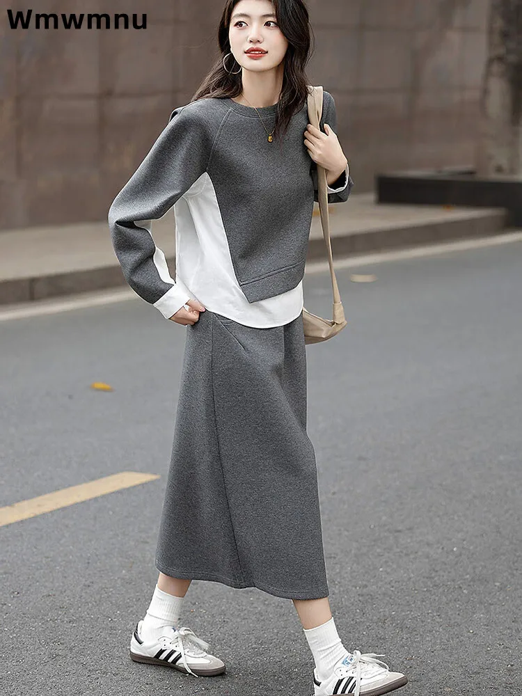 

Мешковатая юбка в стиле пэчворк с круглым вырезом, комплект из 2 предметов, корейский модный женский повседневный спортивный комплект Conjuntos контрастного цвета со свободными разрезами