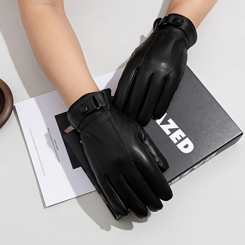 Winter Leather Warm Gloves Waterproof Thickened Non-Slip Driving Motorcycle Gloves Thermal Windproof Outdoor Cycling Mittens