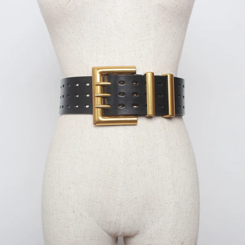 Women's Fashion Hollow out Three Rows Buckle Gold Buckle Wide Belt Genuine Leather Female Decorative Waistband Coat Skirt Waist