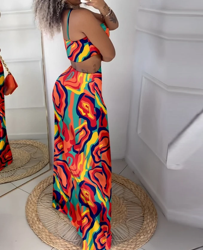 Multi-color Abstract Print Hollow Out Maxi Dress