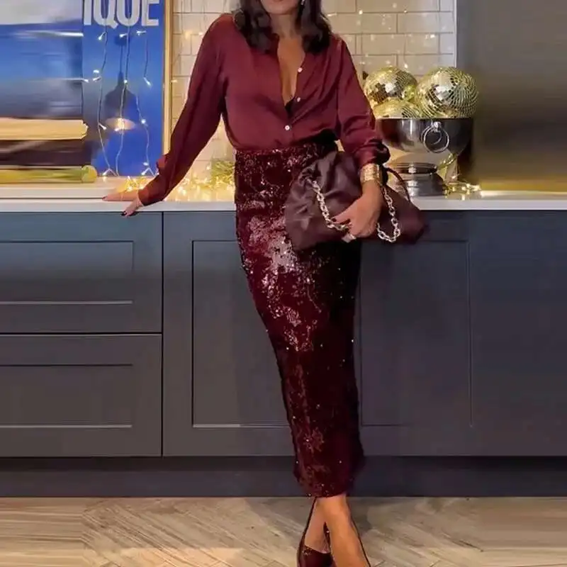 Ensemble 2 pièces élégant à manches longues, chemise et jupe à paillettes boutonnées à revers pour dames, vêtements de fête de printemps et d'été pour femmes