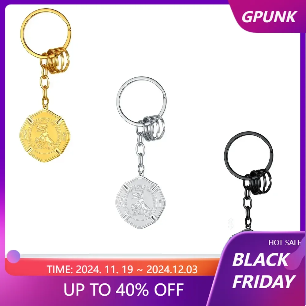 Saint Michael/Florian Keychain, Stainless Steel/Gold Plated St Florian Fireman Shield Medal