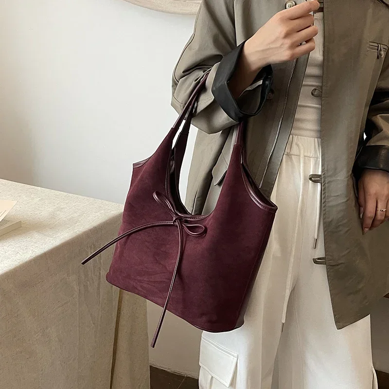 Fashion PU Solid Color Bow Tote Bag 2024 New Hasp High Beauty Shoulder Bag Soft Versatile Commuter Western Style Handbag