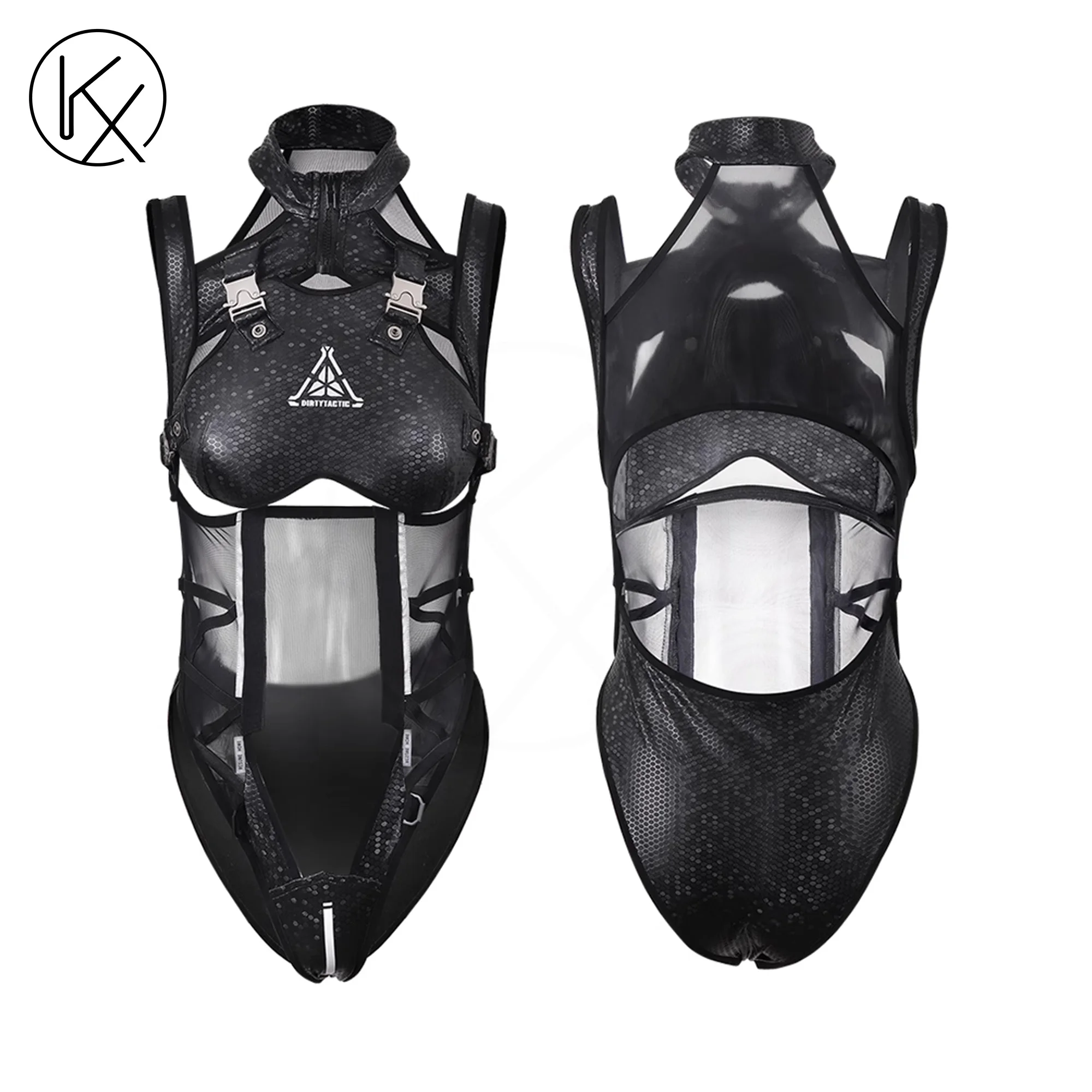 

kaixiggmm TacticalOpen front mesh PU leather tight jumpsuit military cosplay sexy anime JK girl costume
